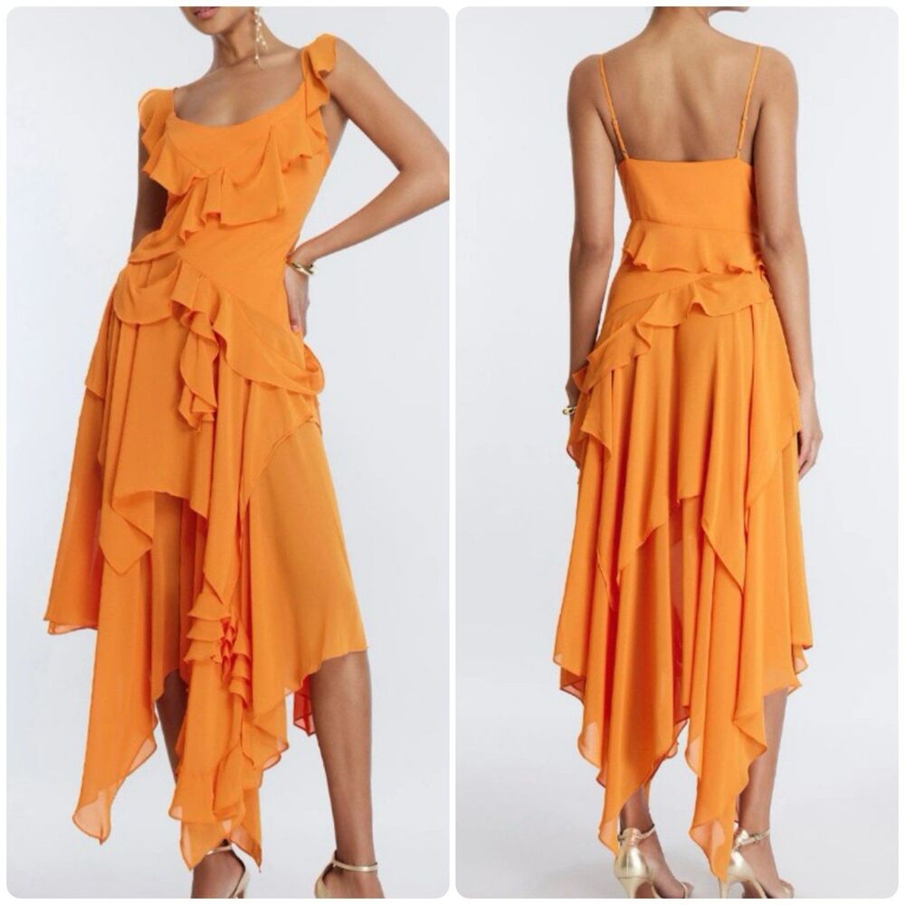 BCBGMaxazria Annabel Ruffle Orange Chiffon Tiered Fairycore Midi Dress Womens 8